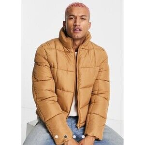 ASOS DESIGN Quilted Puffer Jacket Tan Camel Drawstring Hem Zip Pockets Men Small